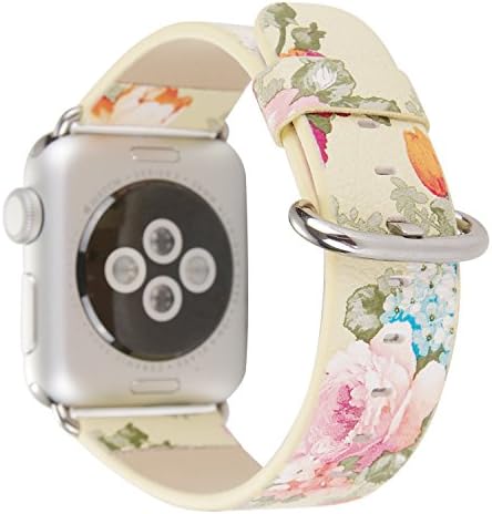 Flower Prints PU Leather Wrist Watch Band Strap for Apple Watch 38mm Series 1 and Series 2 Bracelet Replacement. (Khaki Rose-38mm)