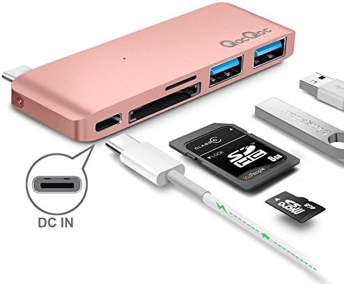 Type-C Hub with Power Delivery 2 superspeed USB 3.0 ports, 1 SD memory port, 1 microSD memory port for MacBook 12-Inch, Aluminum Alloy Build (Rose Gold)