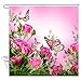 NYMB Pink Floral Shower Curtain, Butterfly and Rustic Farmhouse Flowers Shower Curtain Set, Spring Modern Fabric Shower Curtai with Hooks, 69X70IN