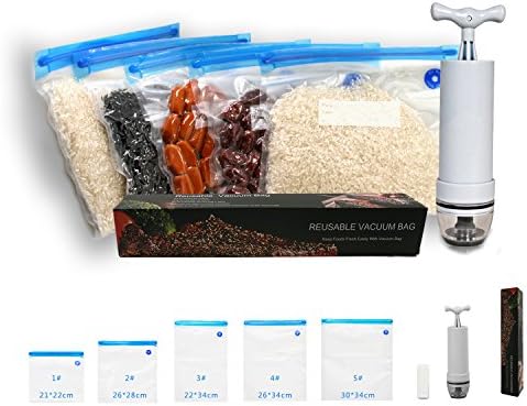 MAXMAXI Sous Vide Bags Kit for Cookers Vacuum Seal Bags Food Sealer Valve System，5 BPA Free Food Vacuum Sealed Bags 1 Hand Pump, (GRAY)