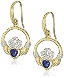 18k Yellow Gold and Rhodium Plated Sterling Silver Created Blue Sapphire Round Shaped Claddagh Dangle Drop Earrings