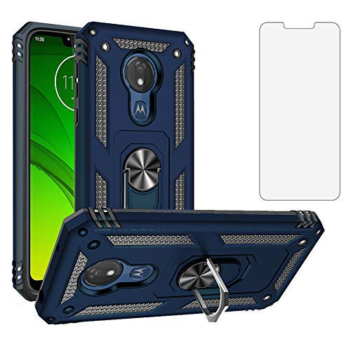 Phone Case for Motorola Moto G7 Power/G7 Supra with Tempered Glass Screen Protector Cover and Magnetic Stand Holder Rugged Hard Shockproof Heavy Duty Accessories MotoG7Power G 7 7G MotoG7 G7Power Blue