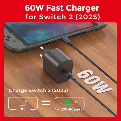 60W Charger for Switch 2, Fast Charger with 1.5M/5FT USB C Cable, Compatible with Nintendo Switch/OLED/Lite/Dock/Pro Controller/Deck - Support 4K TV Mode