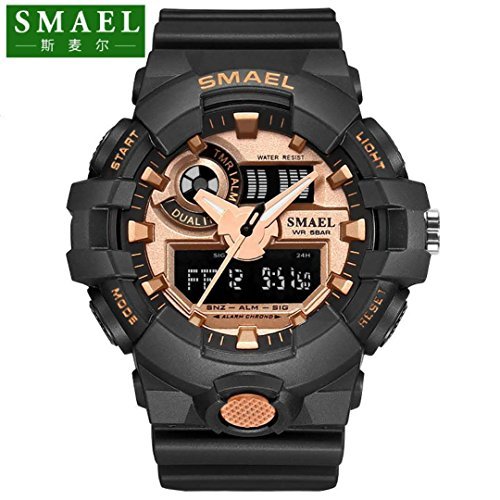 SMAEL AL35 Men's Sports Digtal Watch Dual Quartz Movement Military Time Water Resistant with Backlight (Rose Gold)
