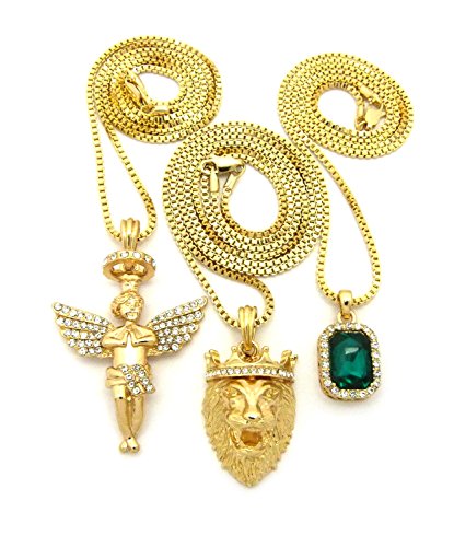 Micro Colorful Gemstone, Angle, Lion Pendant 24",30" Box Chain 3 Necklace Set Gold Tone RC1413G (Green)