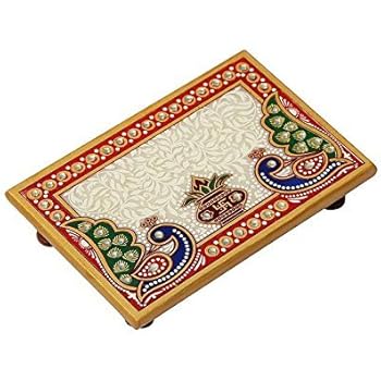 HANDICRAFTS PARADISE Marble Puja Chowki Rectangle Shape with Peacock Design and Kalash