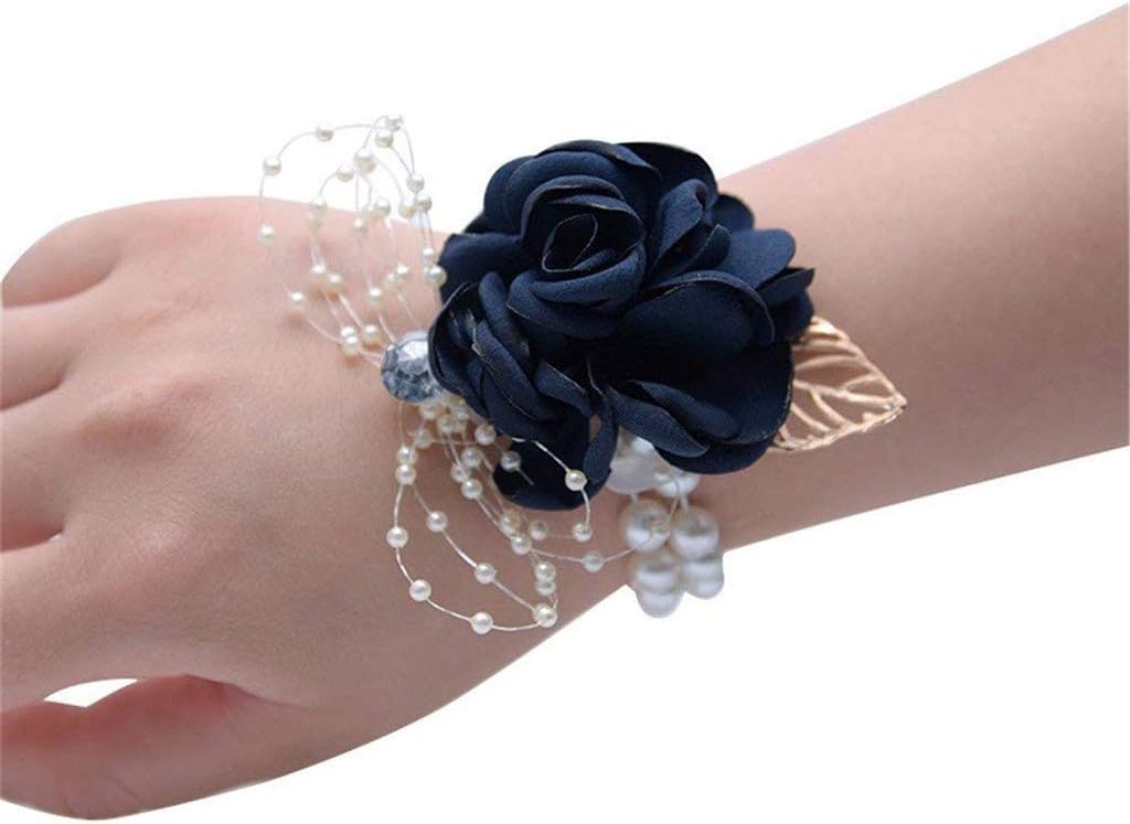Girl Bridesmaid Wrist Corsage Bridal Silk Wrist Flower with Faux Pearl Bead Stretch Bracelet Wristband Gold Leaf for Wedding Prom Hand Flowers Decor (Dark Blue, Pack of 1)