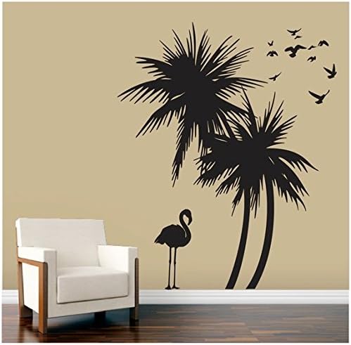 Palm Trees Wall Decal with Flamingo and Birds Wall Decal "Leaning to The Left" Art Sticker Mural (Black)