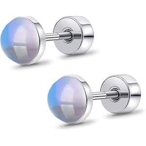 Limerencia Flat Back Earrings for Women, Hypoallergenic G23 Implant Grade | Titanium Screw Back Earrings, 20G Onyx/Moonstone/