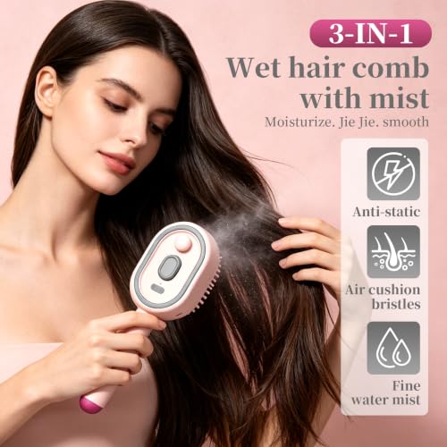 Electric Spray Air Cushion Massage Comb, Electric Steam Brush, Steam Hair Straightener Brush, For Wet & Dry Hair, Portable Home Styling Tool (1pc Purple)