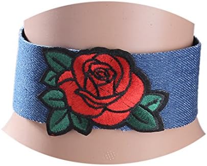 Best Wing Jewelry Denim Choker Necklace (31 cm) (Red Rose Flower)