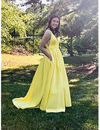 Rjer - Vestido largo de fiesta con cuello en V y bolsillos para mujer