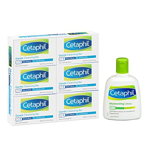 Cetaphil Gentle Skin Cleansing Bar For Dry/Sensitive Skin, Combo 6-Pack Bars Plus Moisurizing Lotion 4oz.