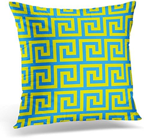 TOMKEYS Throw Pillow Cover Key Geometric Line Abstract with Greek Antique Ceramic Floor Blue Yellow Color Antiquity Chain Decorative Pillow Case Home Decor Square 20x20 Inches Pillowcase