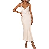 HKMECRI Summer Satin V Neck Silp Midi Dress for Women Wedding Guest 2025 Sexy Spaghetti Strap Backless Long Dresses with Slit