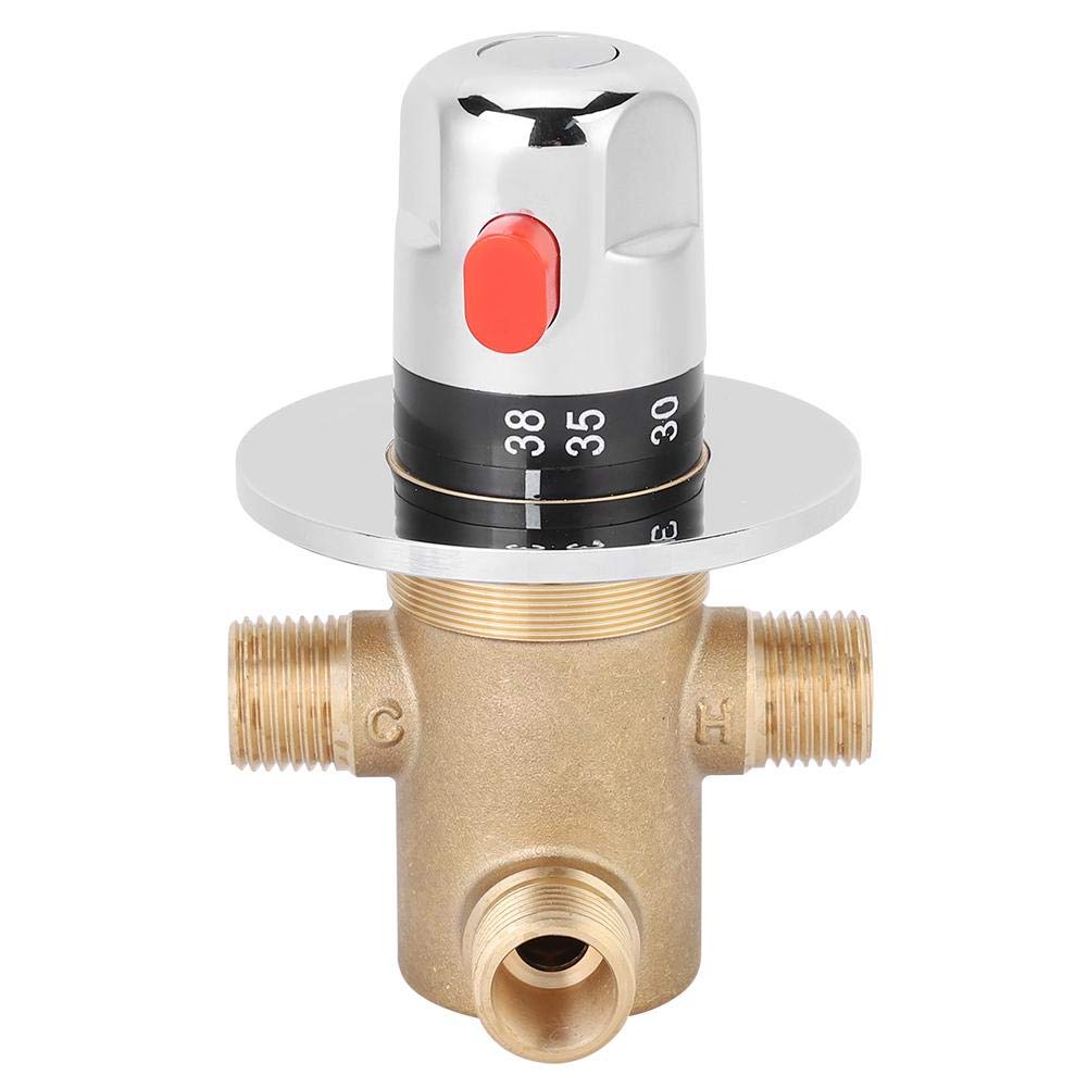 G1/2in Brass Thermostatic Mixing Valve, 3 Way Faucet Lightweight Anti-scalding Design Temperature Mixer Control Valve Home Bathroom Thermostat Control
