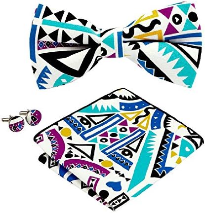 Browti Geometic Pattern Cotton Bow Tie Knot Bowtie Pocket Square Hanky Cufflinks Set