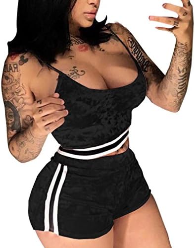 Axchongery Women Tops Short,Summer 2 Piece Set Velvet Sport Outfit Strap Cami Clothes