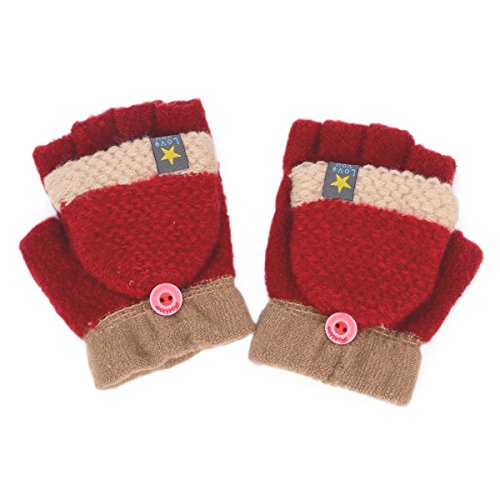 Flammi Unisex Kids Knitted Convertible Flip Top Gloves Mittens (Red)