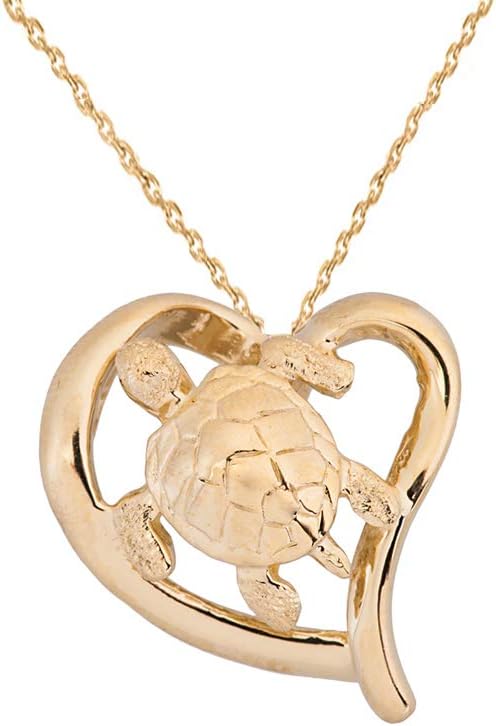 Elegant 14k Yellow Gold Cut-Out Sea Turtle Heart Pendant Necklace with Hidden Bail
