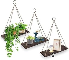 AGSIVO Floating Shelves with String,Hanging Shelf Wall Mounted Jute Rope,Rustic Wood Wall Shelves Swing Shelf Picture...