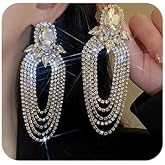 Missgrace Women Silver Hypoallergenic Rhinestone Earrings Dangling Sparkly Dangle Red Earrings Chandelier Earrings Tassel Large Studs Crystal Statement Earrings for Women