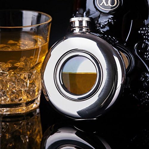 Bigwinner Round Hip Flask, luxurious Transparent Glass Window 4.5oz 18/8 Stainless Steel Mirror Finished with Funnel Gift Box Perfect Wedding Gift Christmas Gift Camping adventure by E-LING