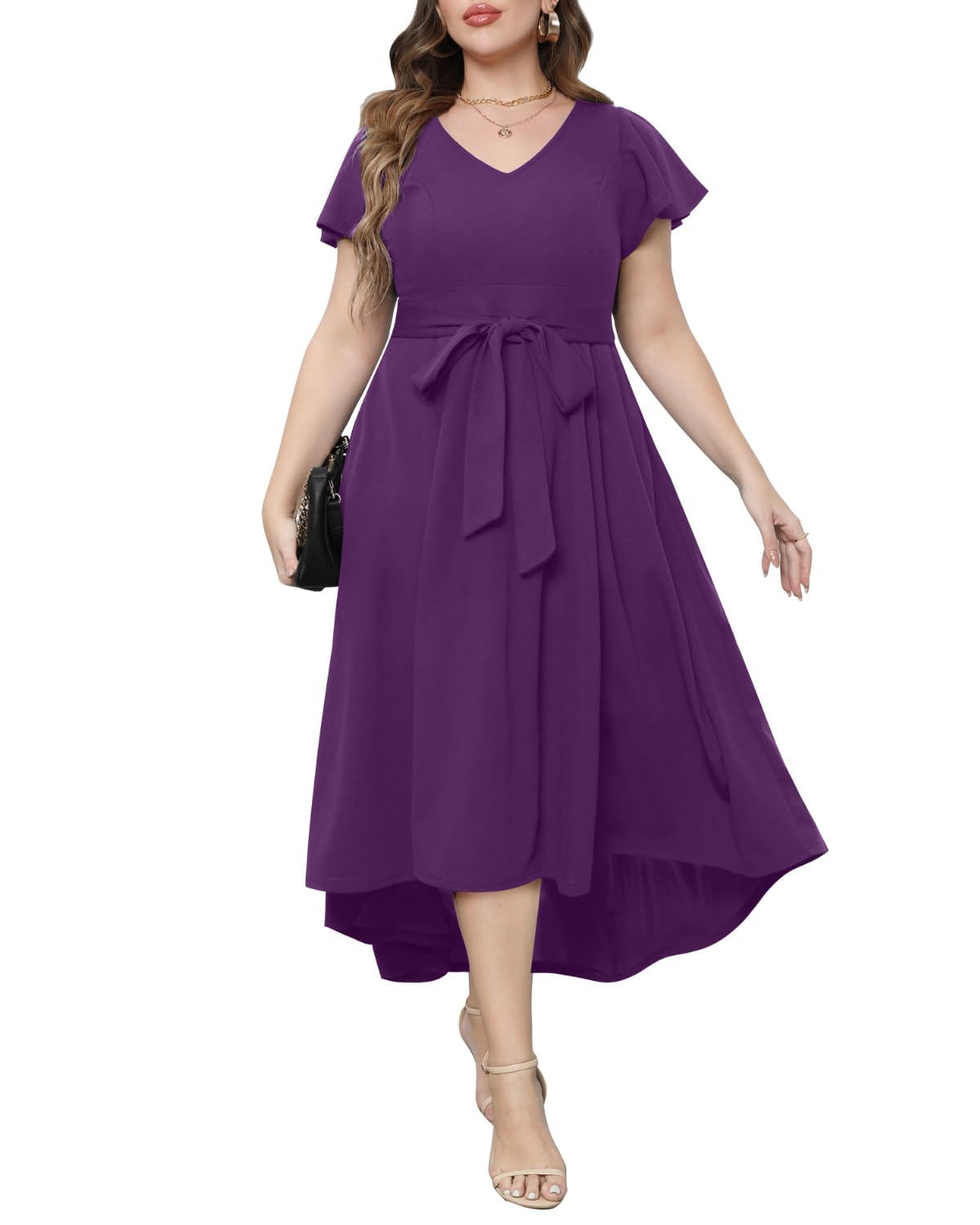 Photo 1 of 20w  Women's Purple Cocktail Dress Plus Size Semi Formal High Low Flutter Sleeve V Neck Belted Long Dresses with Pockets