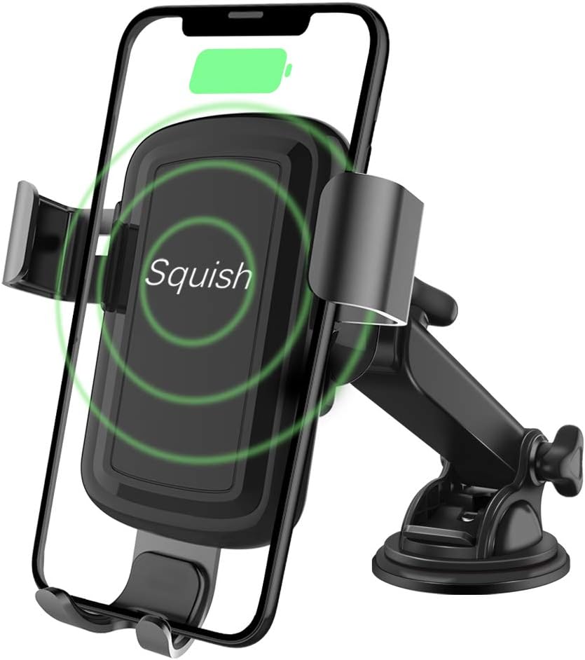 Wireless Charger Car Phone Mount, Squish Qi Fast Charging Wireless Car Charger Mount 10W 7.5W, Cell Phone Holder for iPhone Xs Max/XS/XR/X/8Plus/8 and for Samsung S10/S9/S9+/S8/S8+/Note9/Note8 etc