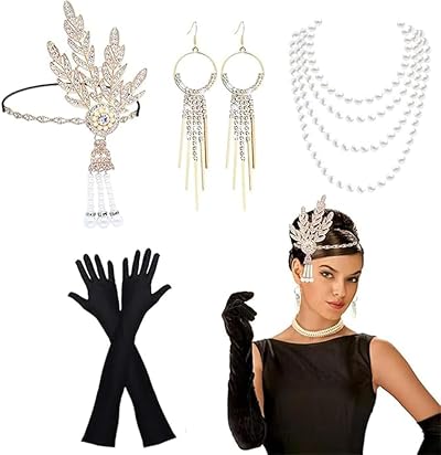 Pecehom 1920s Flapper Accessories Set Roaring 20s Headband Necklace Gloves