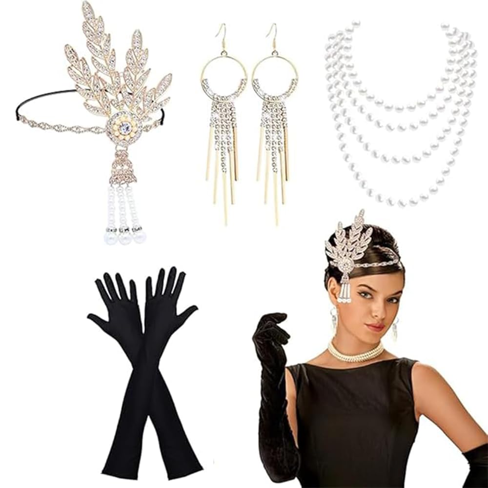 Pecehom 5Pcs 1920s Flapper Great Gatsby Accessories Set Roaring 20's Theme Set for Women, Retro Carnival Festival Halloween Christmas,with Headband Gloves Necklace Earrings