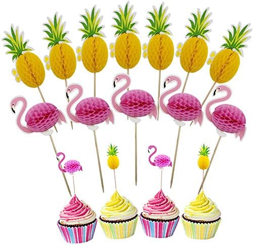 DZH Enjoy 40 Pcs Flamingo and Pineapple Cupcake Toppers 3D Cocktail Picks Cake Decoration for Luau Hawaii Birthday Wedding Beach Party