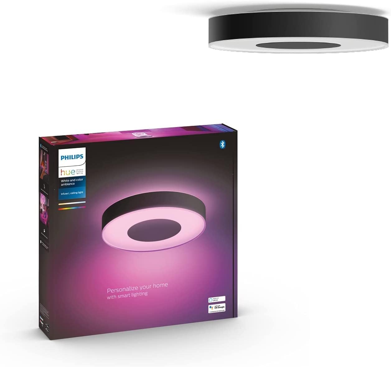 Philips Hue White & Color Ambiance Infuse Deckenleuchte L (3.700 lm), dimmbare Raumbeleuchtung für das Hue Lichtsystem mit 16 Mio. Farben, smarte Lichtsteuerung über Sprache und App, schwarz