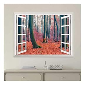 Modern White Window Looking Out Into a Forest During Fall Time - Wall Mural, Removable Sticker, Home Decor - 24x32 inches