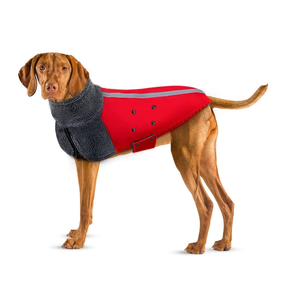 SlowTon Winter Dog Coat, Warm Polar Fleece Lining Outdoor Jacket with Harness Hole Scarf Reflective Stripe Adjustable Waterproof Windproof Puppy Vest Soft Pet Outfits for Small Medium Large Dogs