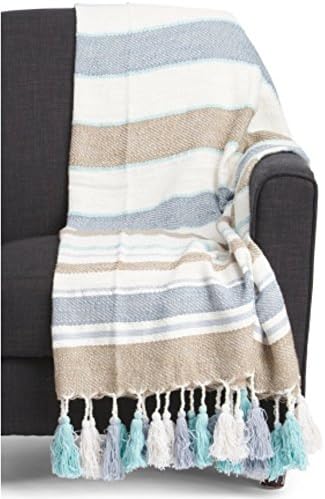 Artisan NY Home Blue Striped Tassel Fringe Texture Throw / Blanket 50 x 60 inches