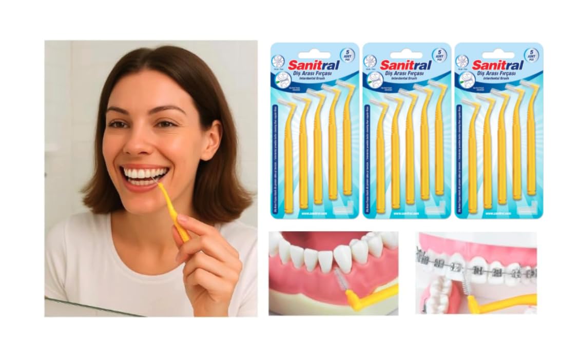 Sanitral Angle Interdental Brushes (0.7 mm - Size S), Angled Toothbrush for Cleaning Teeth - Excellent Access Between Teeth - Yellow (3 x 5 Pieces) 15 Pieces