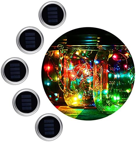 5 Pack Solar Mason Jar Light 10 LED Color Changing Fairy String Lights on Lids Insert for Christmas Holiday Party Wedding Garden Path Home Indoor Outdoor Decoration Lighting Fit for Regular Mason Jar