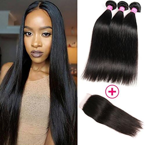 VRBest Hair Brazilian Straight Hair 3 Bundles with Lace Closure 10A Virgin Human Hair Extensions Bundles 100% Unprocessed Hair Weaves Natural Color with 4x4 Free Part Closure（12 14 16 +10）
