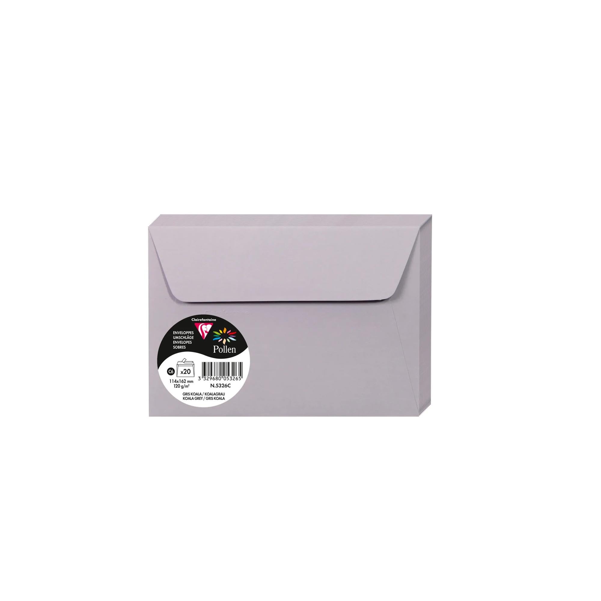 Clairefontaine 5326C Pack of 20 Self-Adhesive Envelopes C6 11,4x16,2cm 120gsm Colour Koala Grey Invitation Events and Correspondence Pollen Range Premium Paper — image 1
