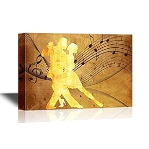 Canvas Wall Art - Golden Silhouette of Two Romantic Dancers on Vintage Background with Music Notes - Gallery Wrap Modern Home Art | Ready to Hang - 12x18 inches