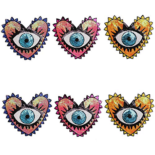 MIAO JIN 6 Pcs Love Shape Large Sequin Heart Evil Eyes Motif Applique Patch Embroidery for Garment Accessory (3 Colors)