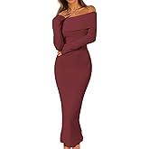 MEROKEETY Women's Winter Off Shoulder Bodycon Sweater Dress 2026 Spring Formal Long Sleeve Elegant Club Party Midi Dresses