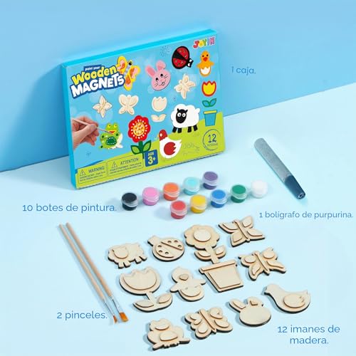 JOYIN 12 Pieces Fantasy Wooden Magnets Set, Craft Set for Kids Ages 3-12, Painting Set with Wooden Magnets for Painting, Birthday Gifts