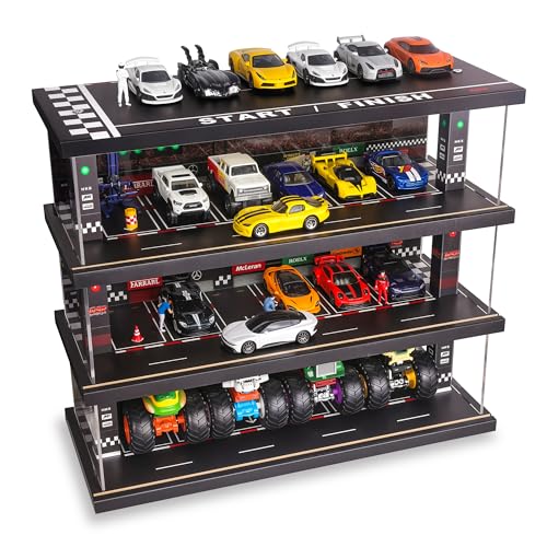 Display Case for Hot Wheels: Toy Car Garage with LED Lights, Freestanding Parking Garage Diorama for 1/64 Diecast Cars, 4-Level Storage Rack with 40 Spots – Cars Not Included