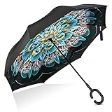 Inverted Double Layer Windproof UV Protection Reverse folding Rain Umbrellas for Men and Women (Peacock)