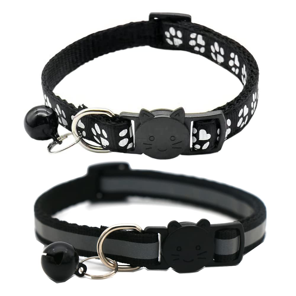 Hepplly Pack of 2 Cat Collars Quick Release Reflective Kitten Collar with Bell (Black)