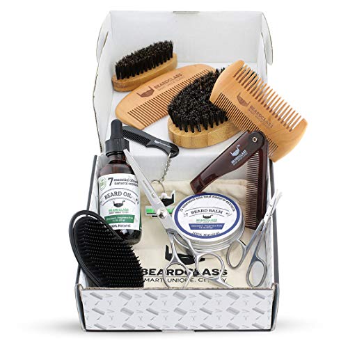 BEARDCLASS Beard Grooming Kit Set for Men (12 in 1) - 100% Bamboo Boar Beard Brush and Wooden Comb, Organic 2 Oz. Beard Mustache Oil and Balm Wax with Diffuser Palm Comb, Scissors and Gift Box