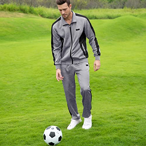 Men’s Sports Athletic Tracksuit with Set 2 Piece Full Zip Sweatsuit Grey Large