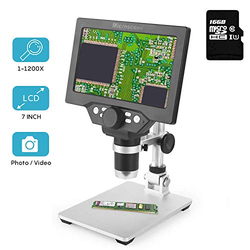 LCD Digital Microscope 7 in HD Screen 1200X Magnification Zoom Camera Video Recorder Angle Adjustable Microscope, 8 LED Lights, Built-in 3000 mAh Battery Rechargeable (7 inches with 16G SD Card)